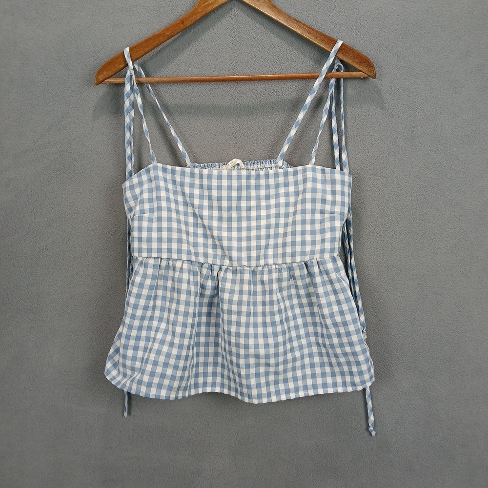 Pie In The Sky Sola Top Womens Large Blue White Gingham Print Smocked Back